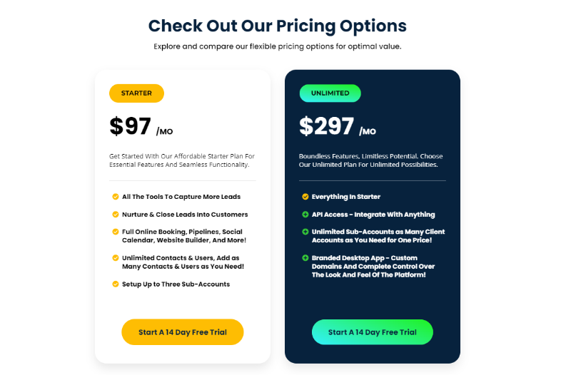 GoHighlevel vs Manychat: gohighlevel pricing plans